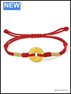 24K Solid Gold Fortune Coin Red Cord Bracelet Adjustable Luck